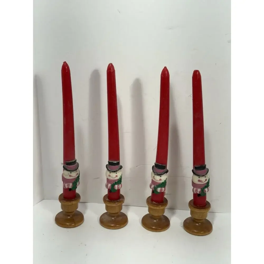 Vintage Set‎ Of 4 Candles Red Avon Taper Christmas Sculpted W/ Wooden Holders